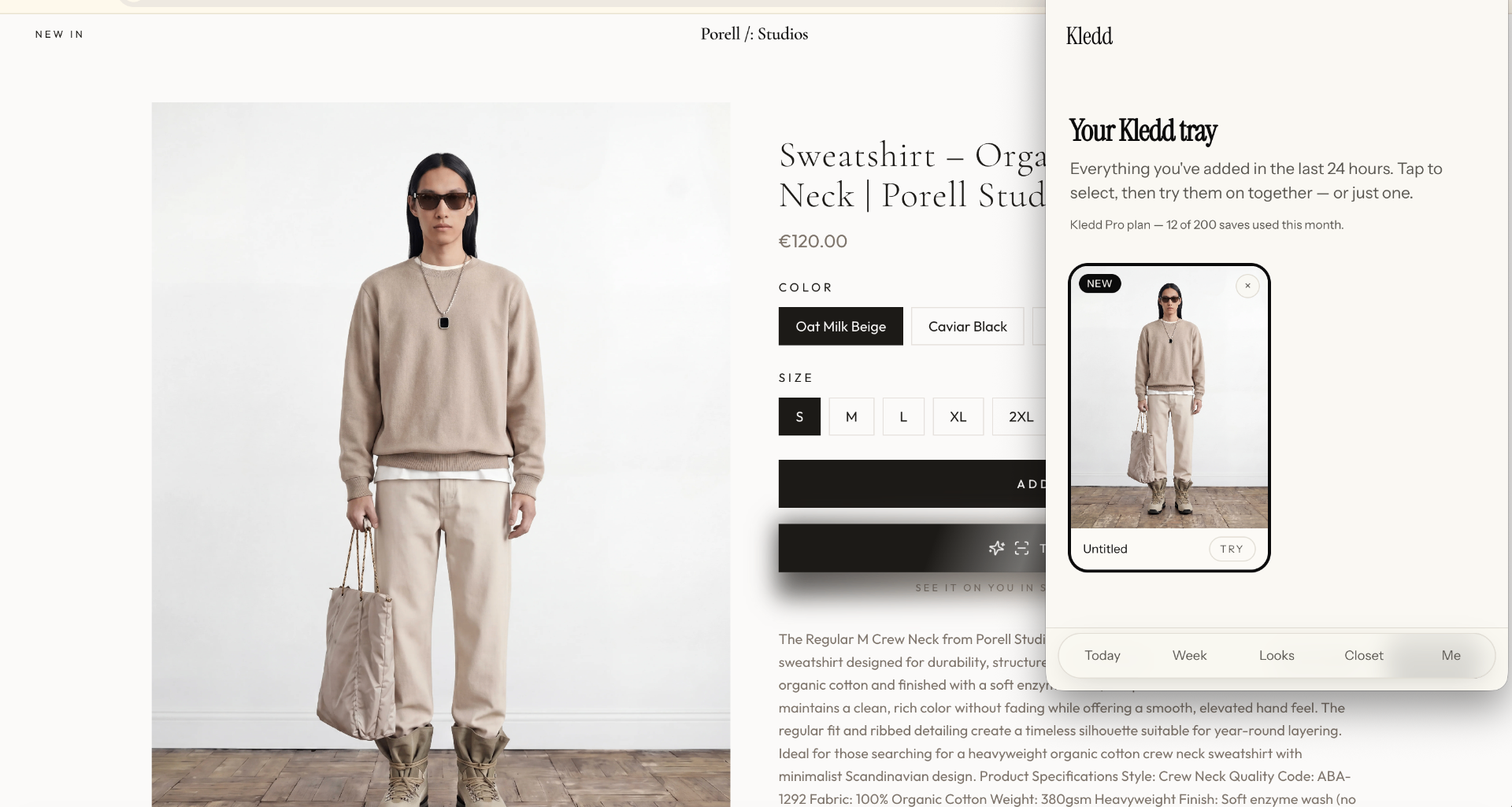 Kledd Chrome extension shown over a product page, with a tray of saved items ready to try on.