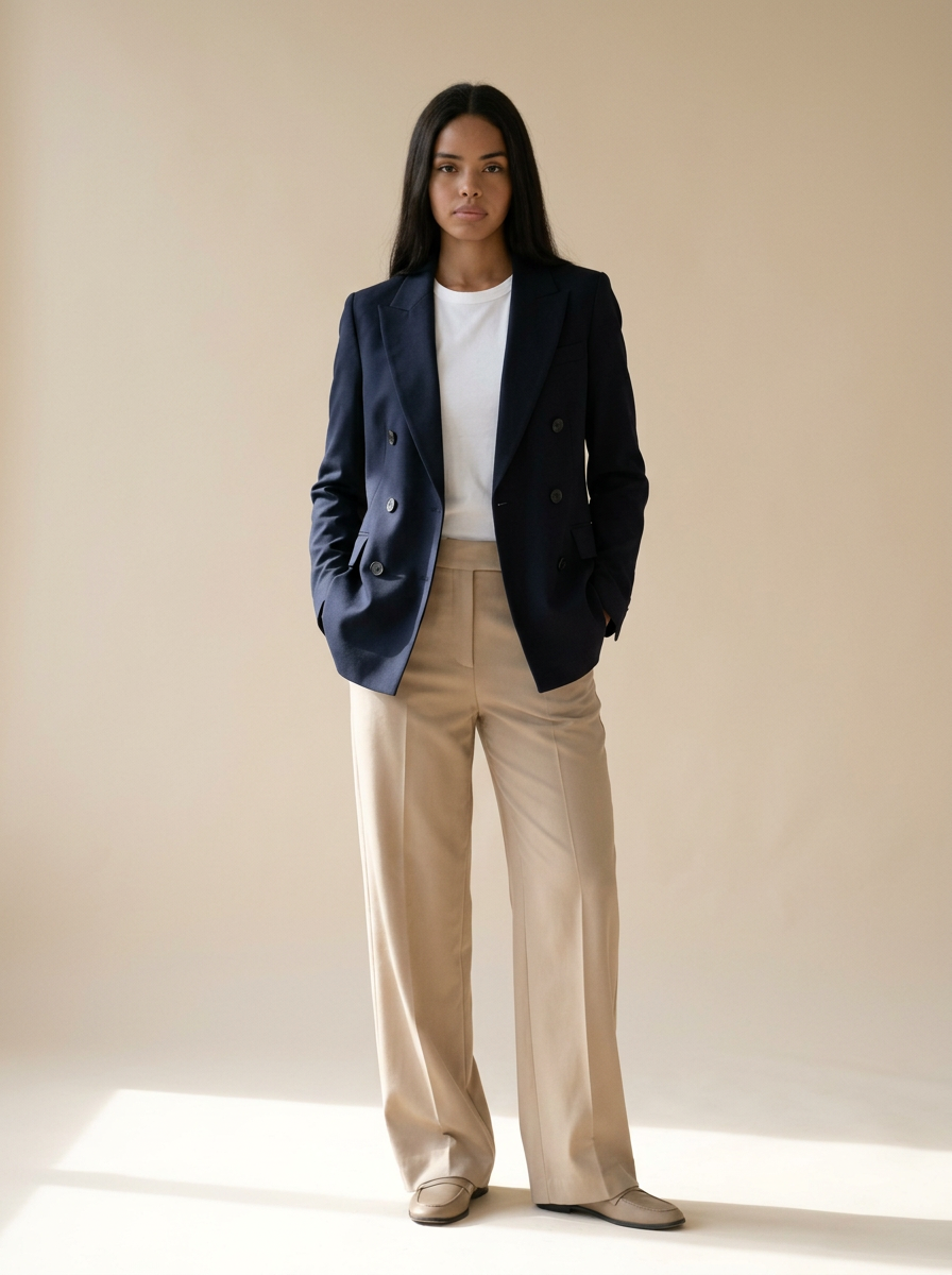 Mon look — Navy blazer · beige trousers