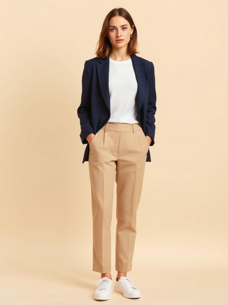 Mon look — Navy blazer · beige trousers