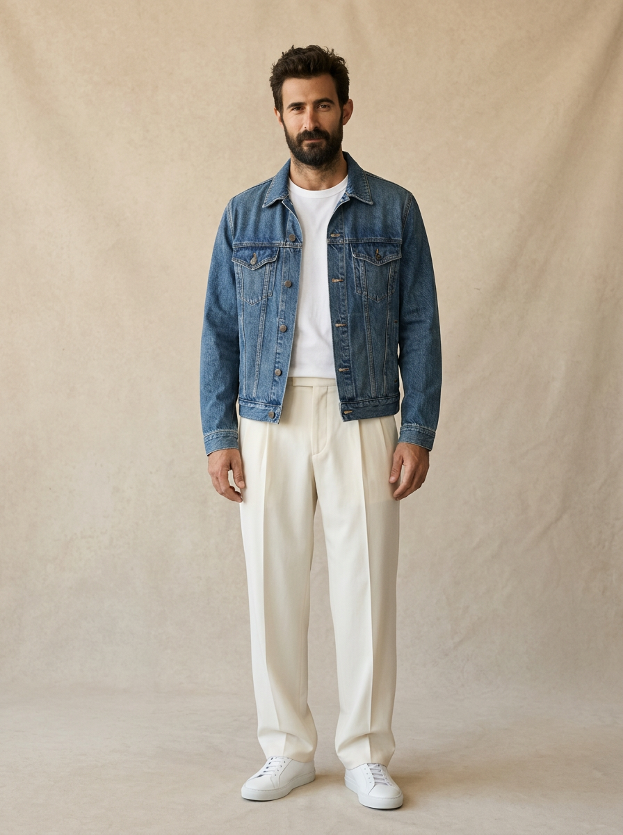 Sat look — Denim jacket · ivory trousers