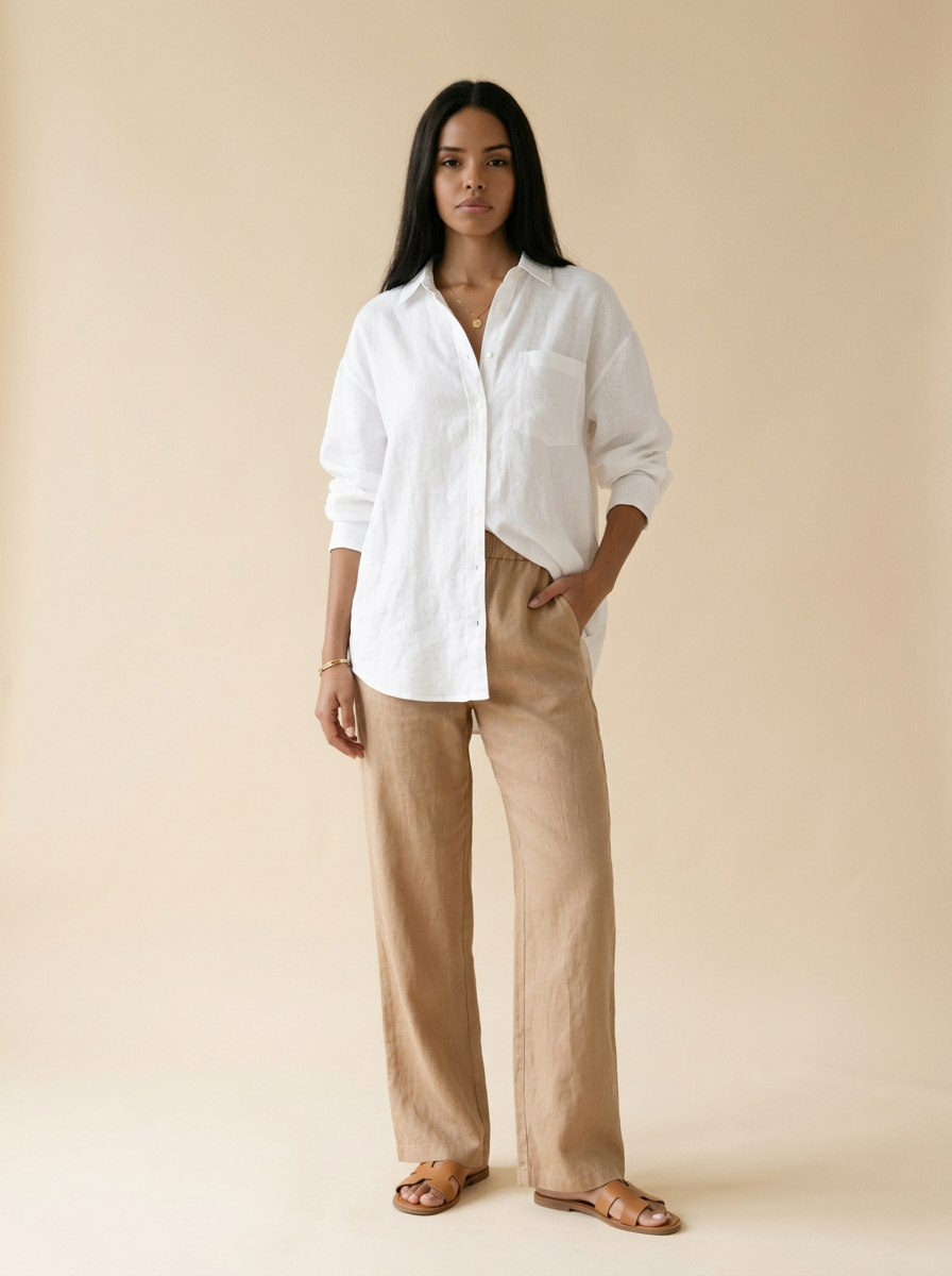 Sun look — White linen · tan trousers