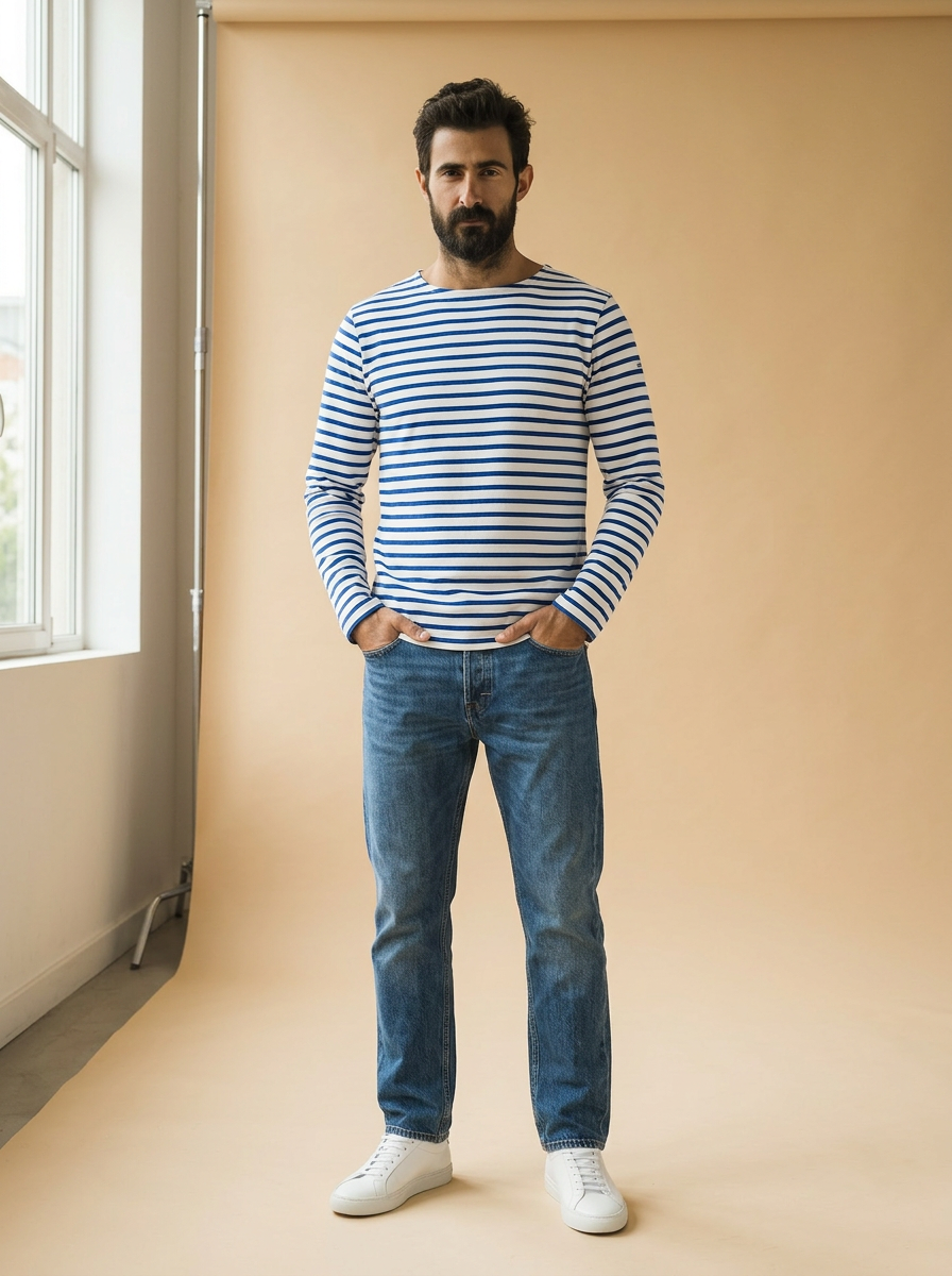 Thu look — Striped knit · blue denim
