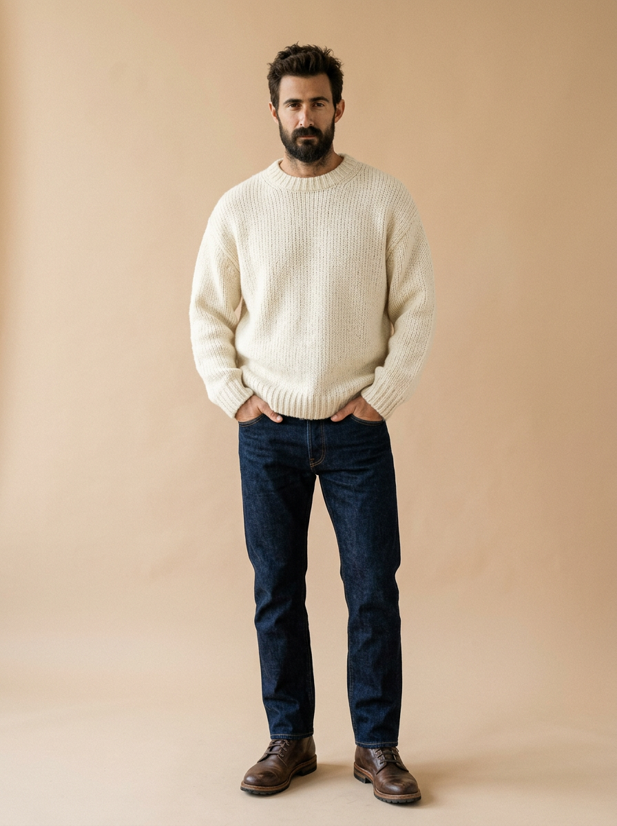 Tue look — Cream knit · indigo denim